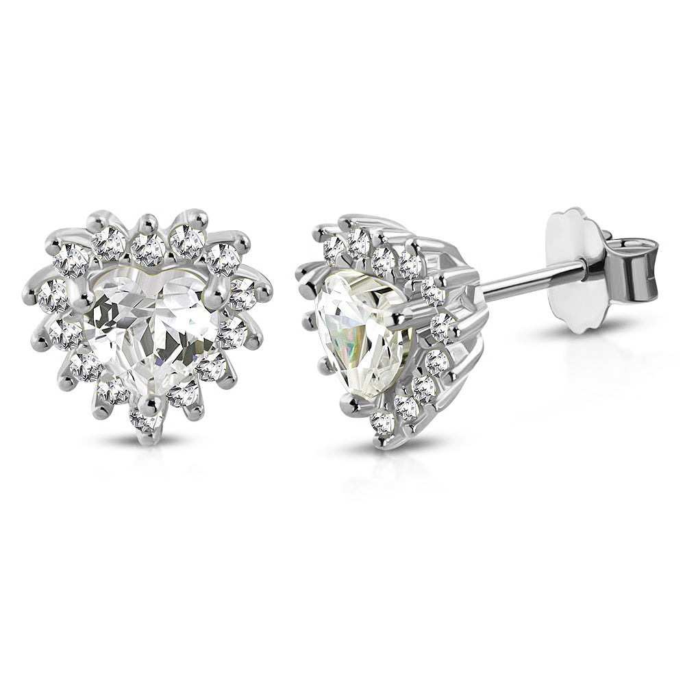 925 Sterling Silver Clear CZ Stud Love Heart Earrings, 0.35"