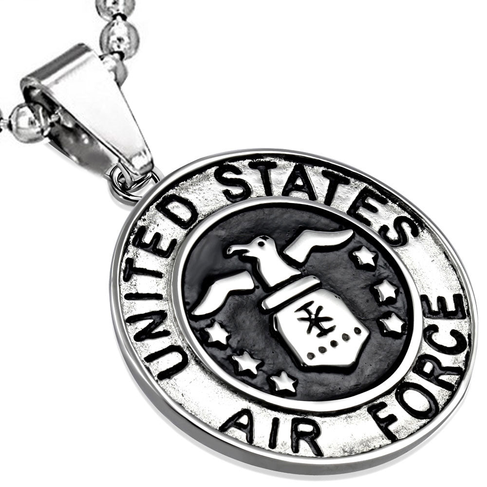 Stainless Steel Silver-Tone United States Air Force Eagle Army Pendant Necklace