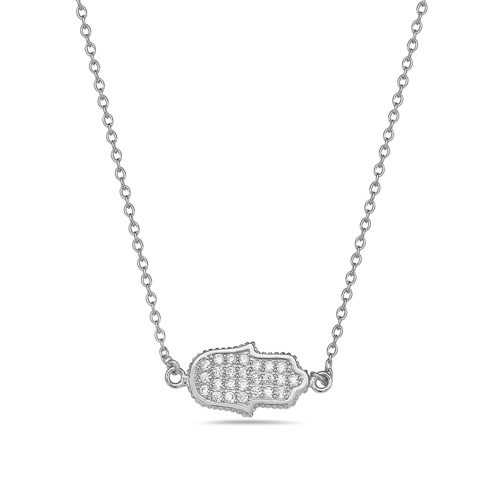 925 Sterling Silver Sideways Hamsa White CZ Pendant Necklace