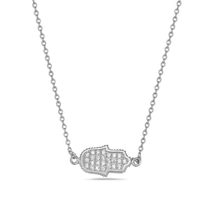 925 Sterling Silver Sideways Hamsa White CZ Pendant Necklace