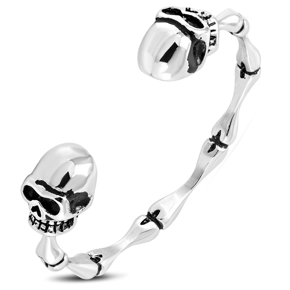 Stainless Steel Silver-Tone Skull Charm Open End Bangle Bracelet