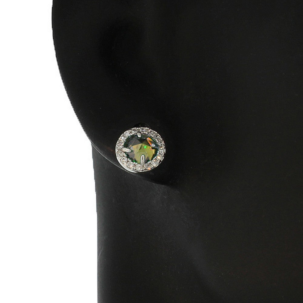 925 Sterling Silver Green White Round CZ Stud Girls Earrings