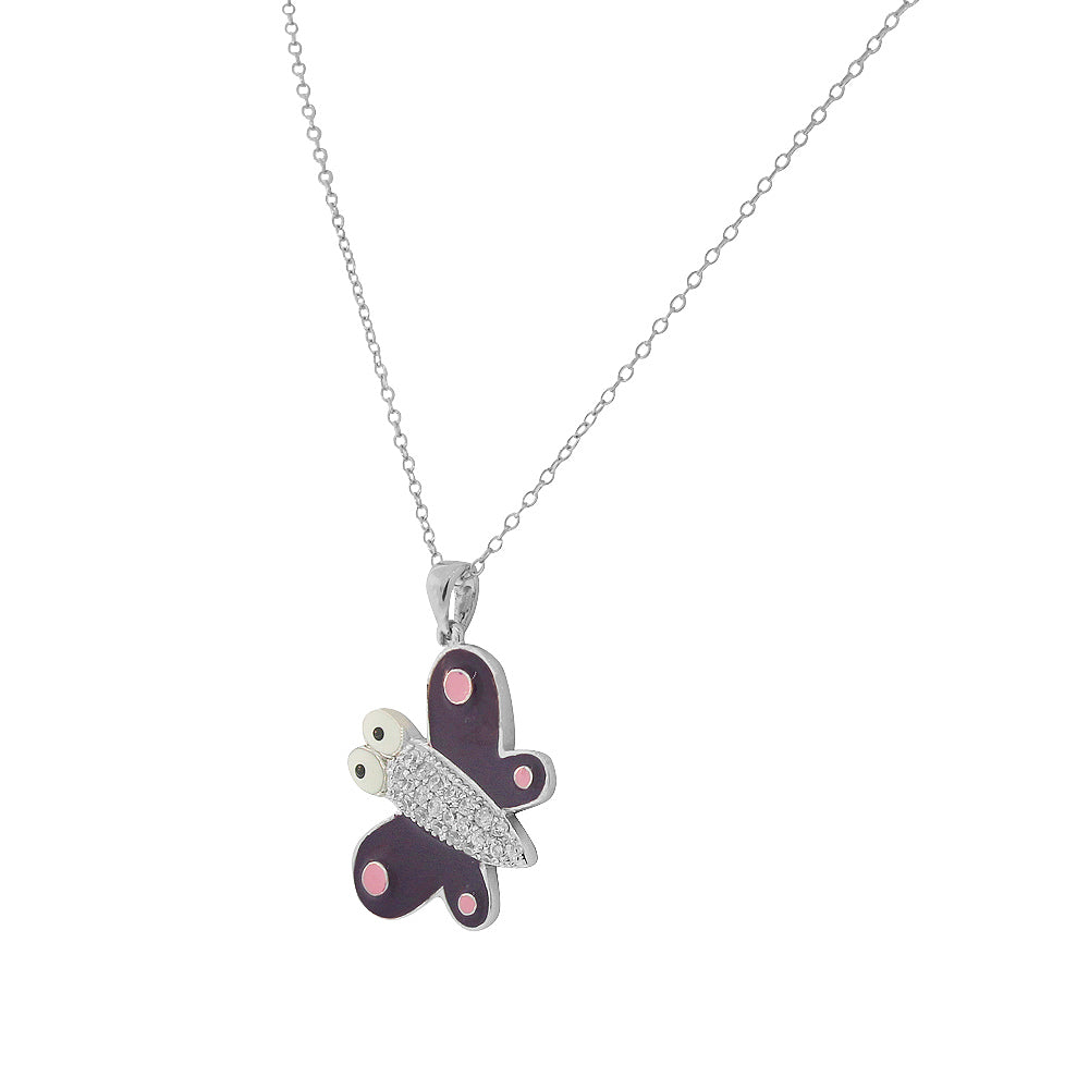 925 Sterling Silver Purple Pink Enamel White CZ Butterfly Pendant Necklace
