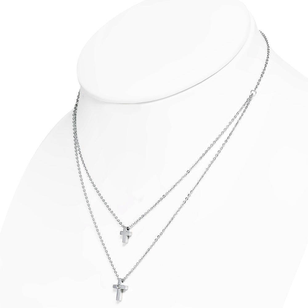 Stainless Steel Silver-Tone Double Chain White CZ Religious Cross Necklace