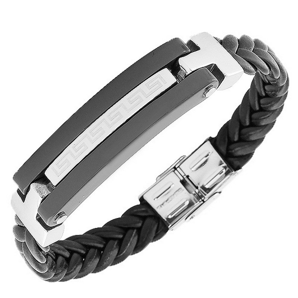 Stainless Steel Black Faux PU Leather Silver-Tone Braided Greek Key Men's Bracelet