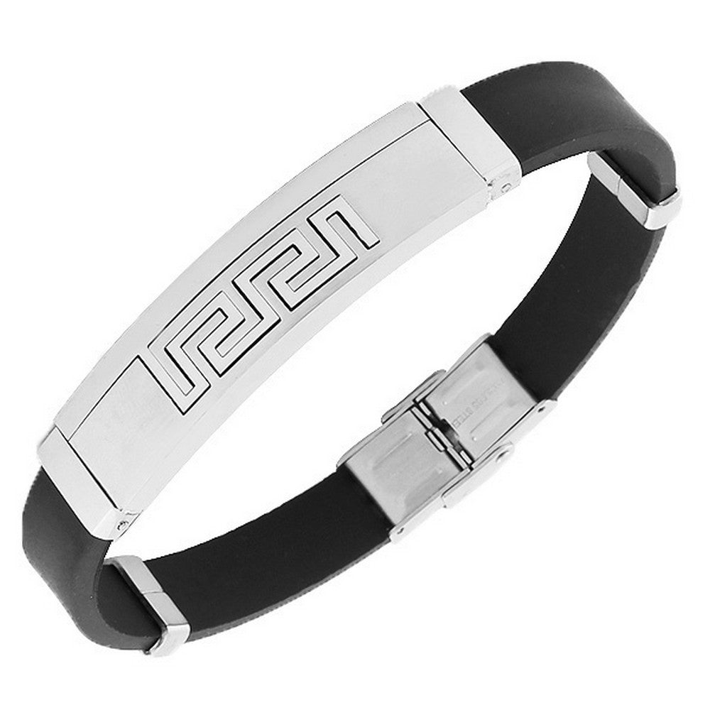 Stainless Steel Black Rubber Silicone Silver-Tone Greek Key Mens Bracelet