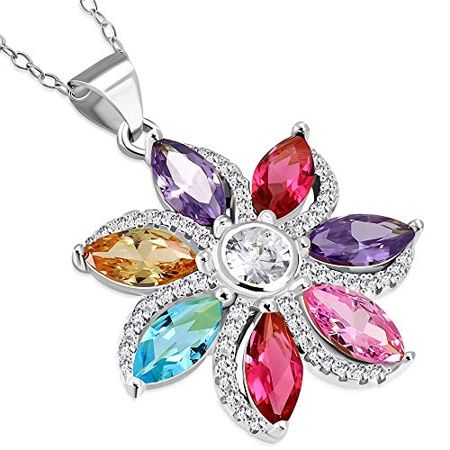 925 Sterling Silver Yellow Gold-Tone Multicolor CZ Flower Floral Bright Pendant Necklace