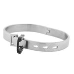 Stainless Steel Black Silver-Tone Belt Buckle Handcuff Womens Bracelet