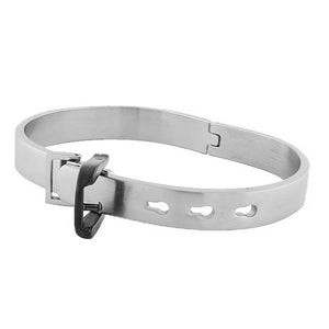 Stainless Steel Black Silver-Tone Belt Buckle Handcuff Womens Bracelet