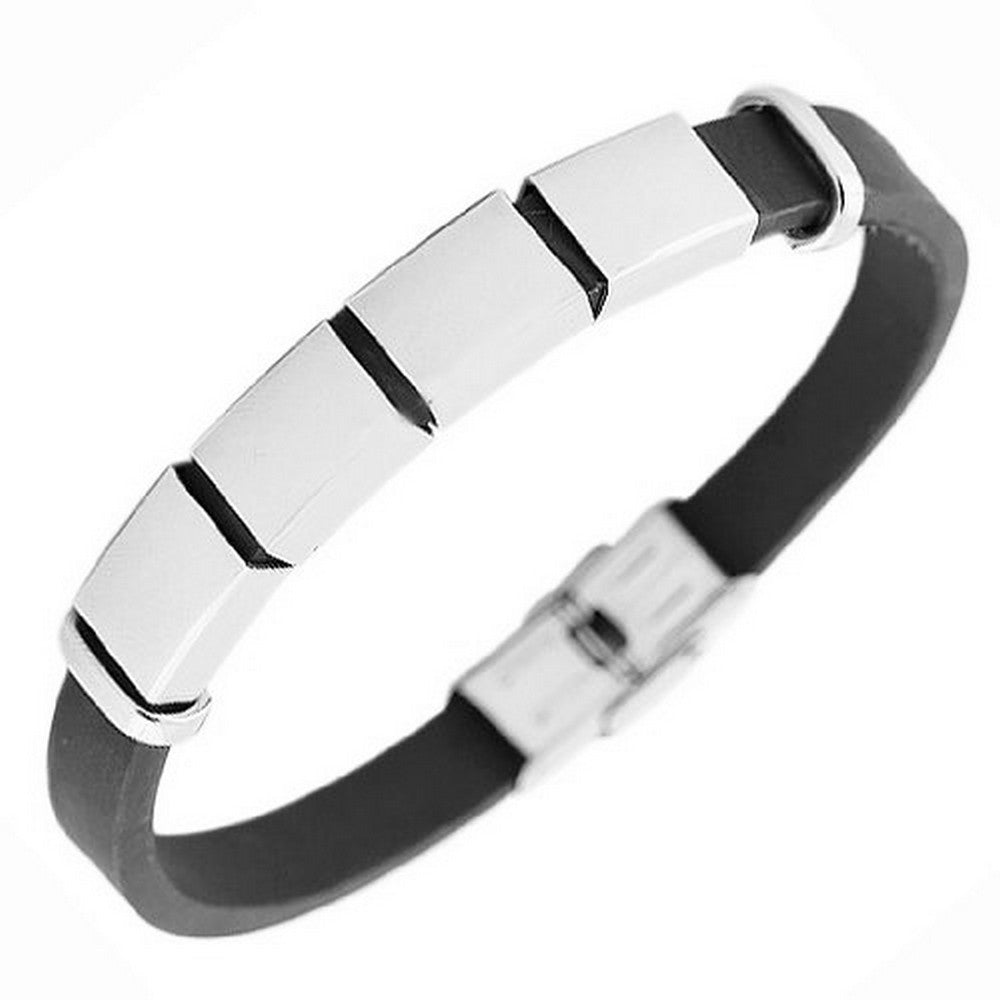 Stainless Steel Black Rubber Silicone Silver-Tone Men's Bracelet