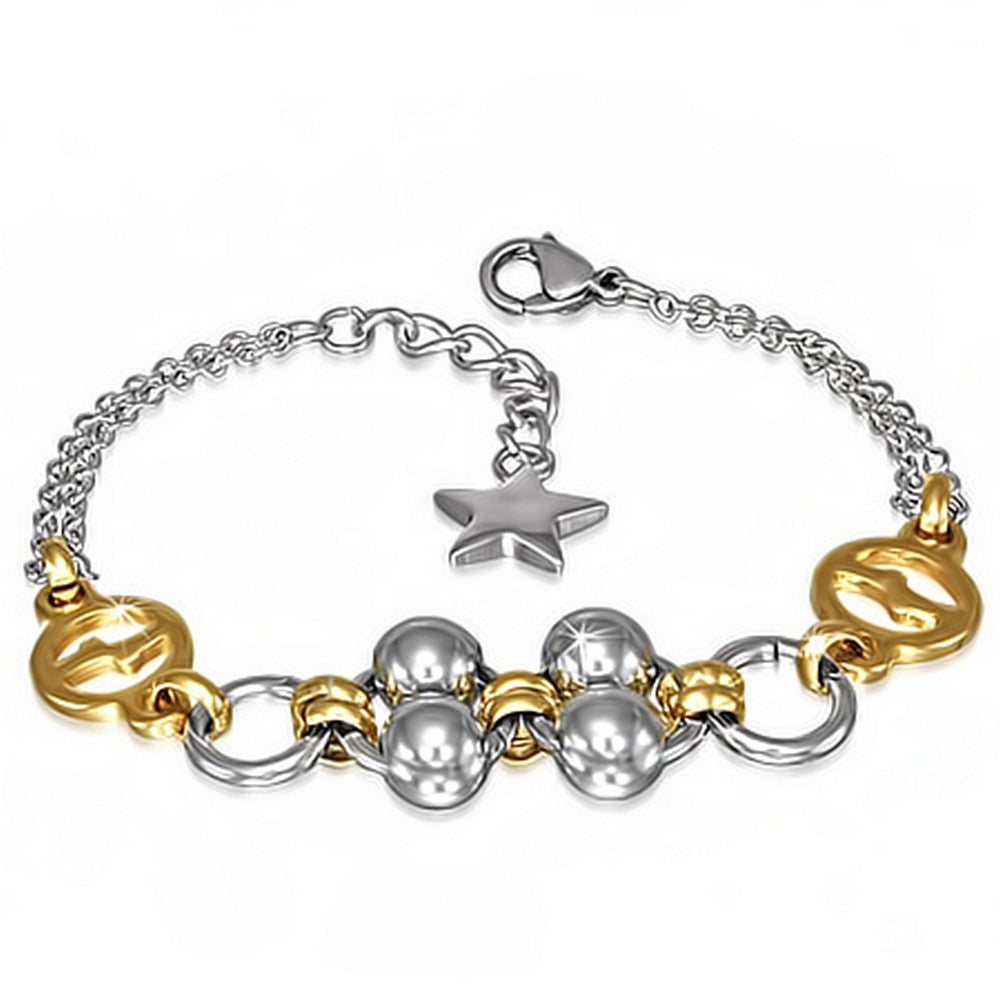 Stainless Steel Two-Tone Circle Ball Star Womens Link Chain Bracelet