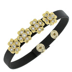 Fashion Alloy Black Leather Yellow Gold-Tone White CZ Flowers Floral Design Wristband Adjustable Bracelet