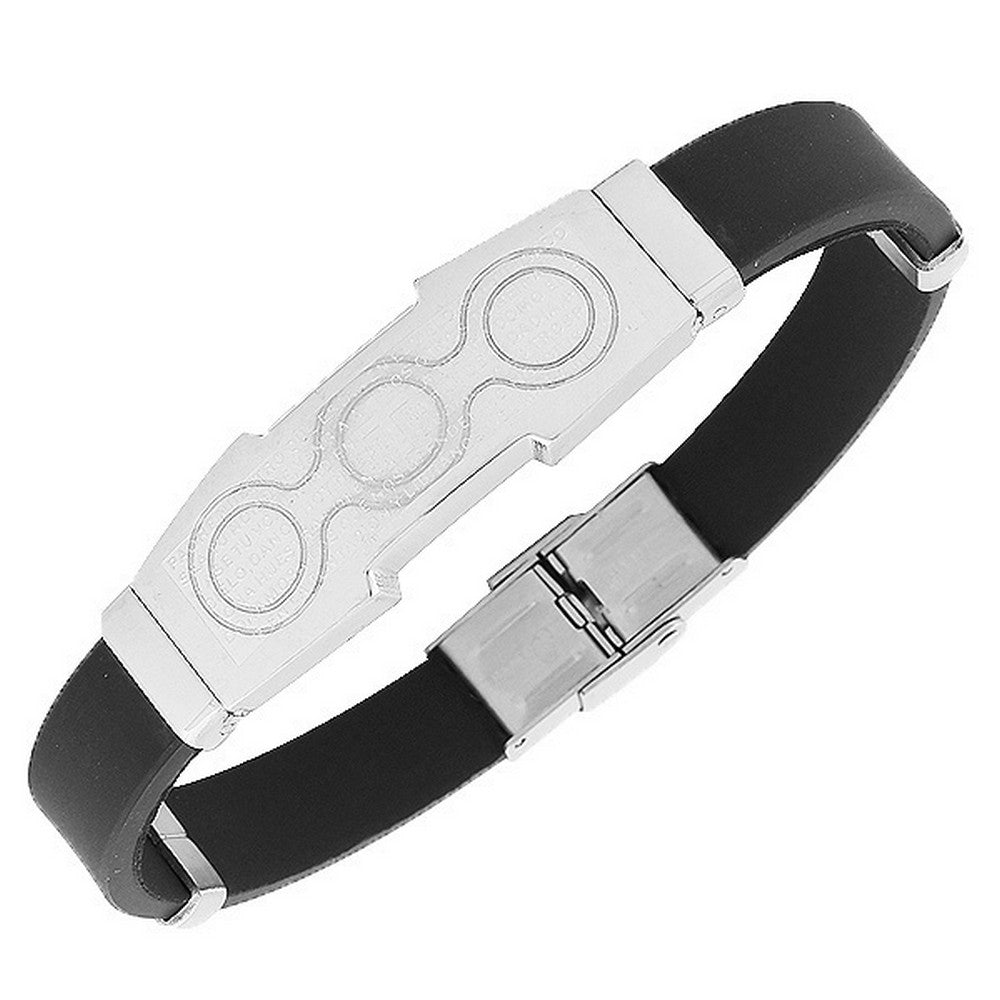 Stainless Steel Black Rubber Silicone Religious Cross Lords Prayer Mens Bracelet