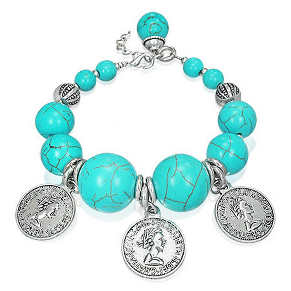 Fashion Alloy Antique Coin Charm Bali Beads Design Turquoise-Tone Womens Bracelet