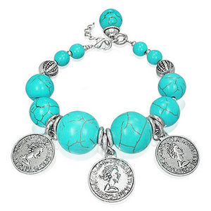 Fashion Alloy Antique Coin Charm Bali Beads Design Turquoise-Tone Womens Bracelet