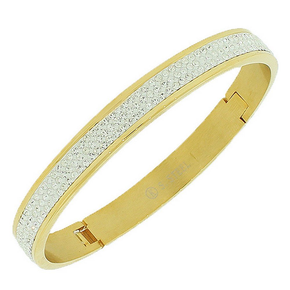 Stainless Steel Yellow Gold-Tone White CZ Bangle Bracelet