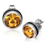 Stainless Steel Black Silver-Tone Round Classic Pink CZ Stud Earrings