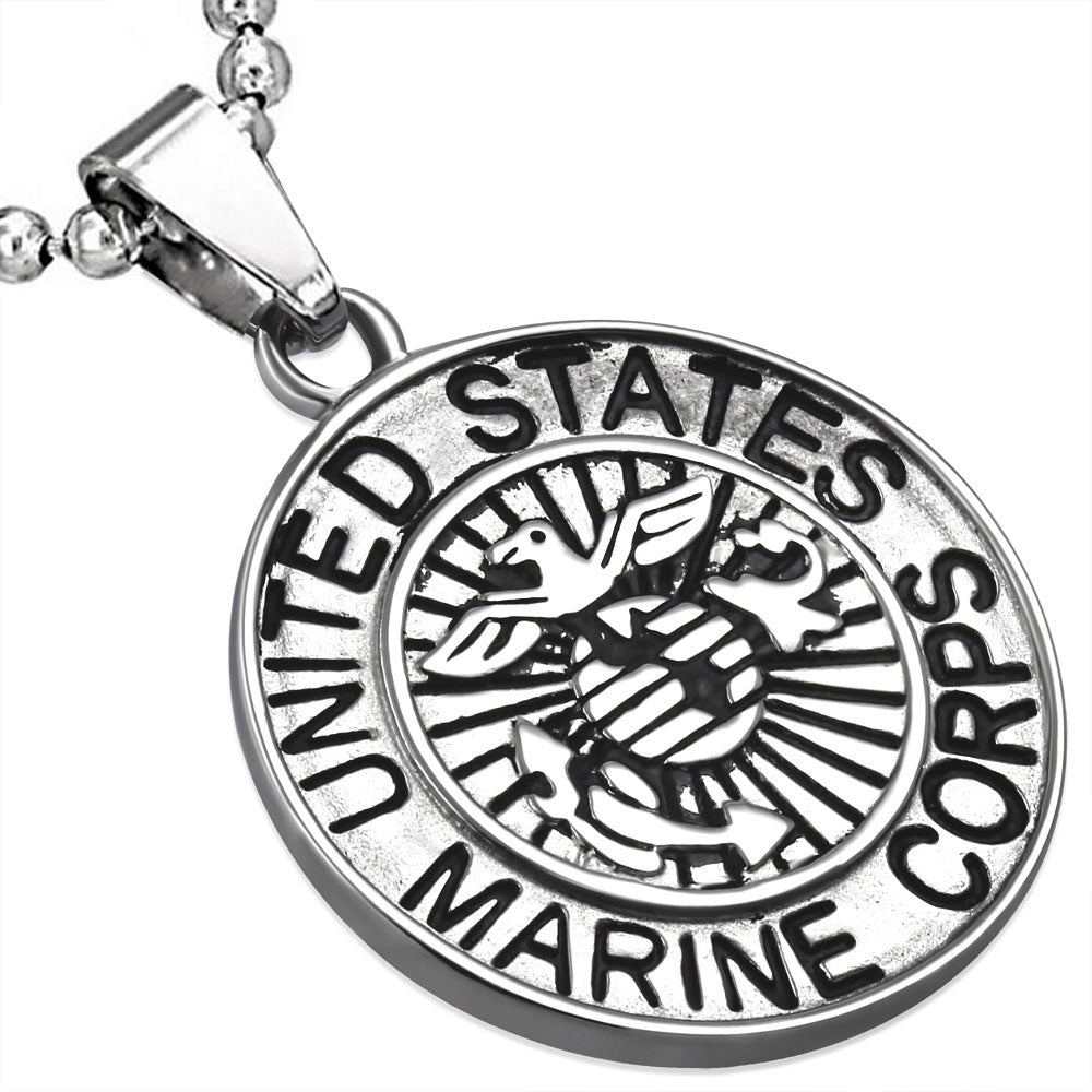 Stainless Steel Silver-Tone United States Marine Corps Eagle Pendant Necklace