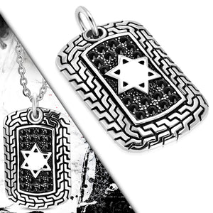 Stainless Steel Silver-Tone Black CZ Jewish Star of David Dog Tag Mens Pendant Necklace