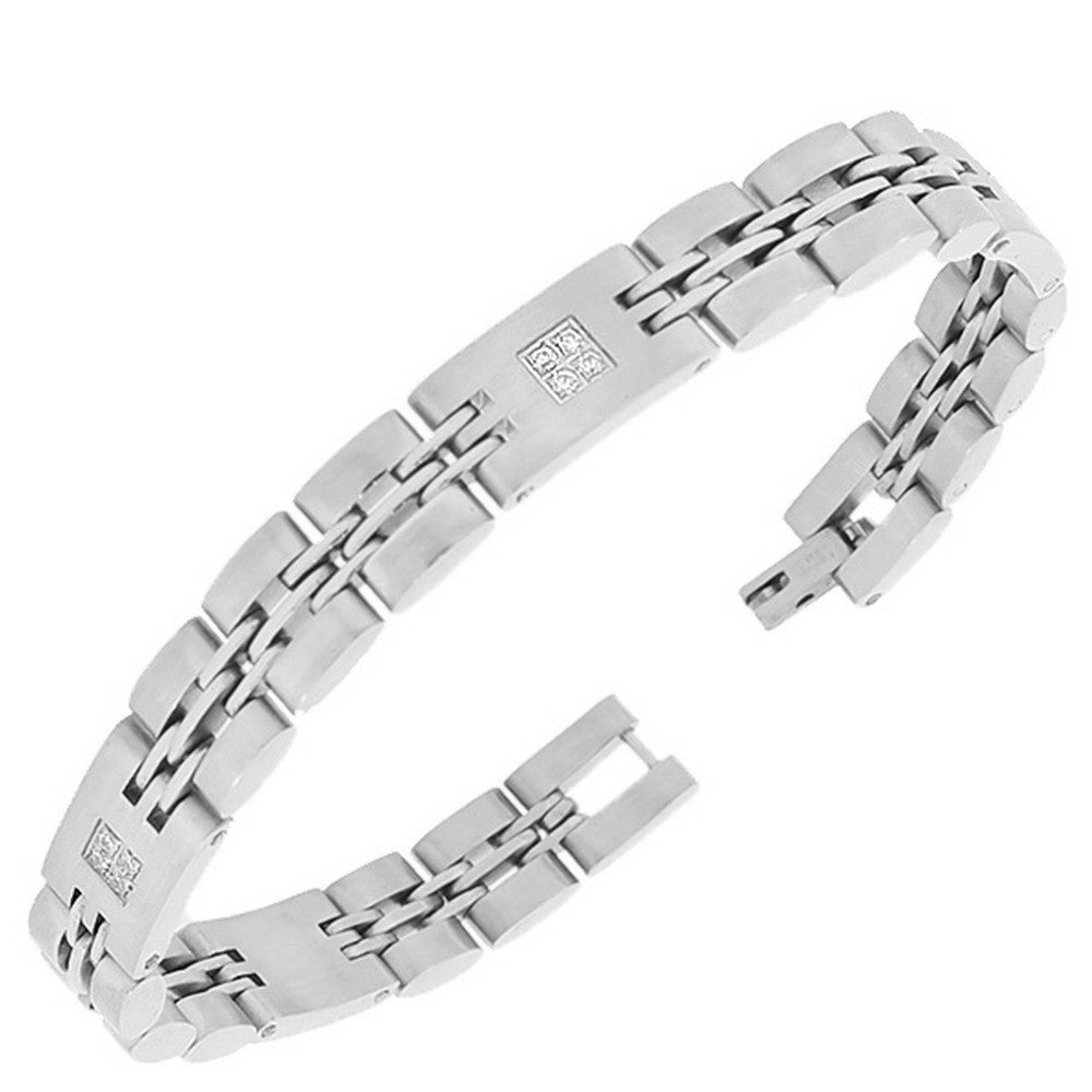Stainless Steel Silver-Tone Link Chain White Round CZ Mens Bracelet