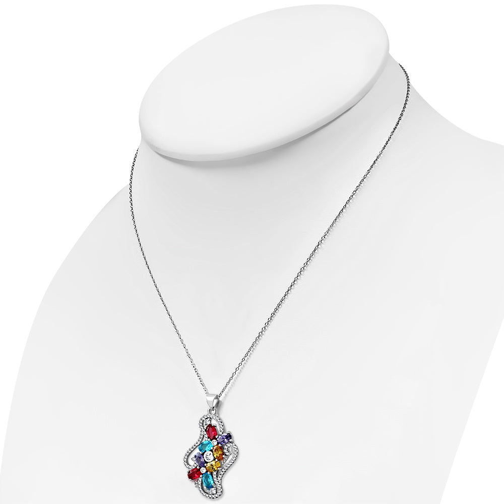 925 Sterling Silver White Clear Multicolor CZ Bright Holiday Pendant Necklace