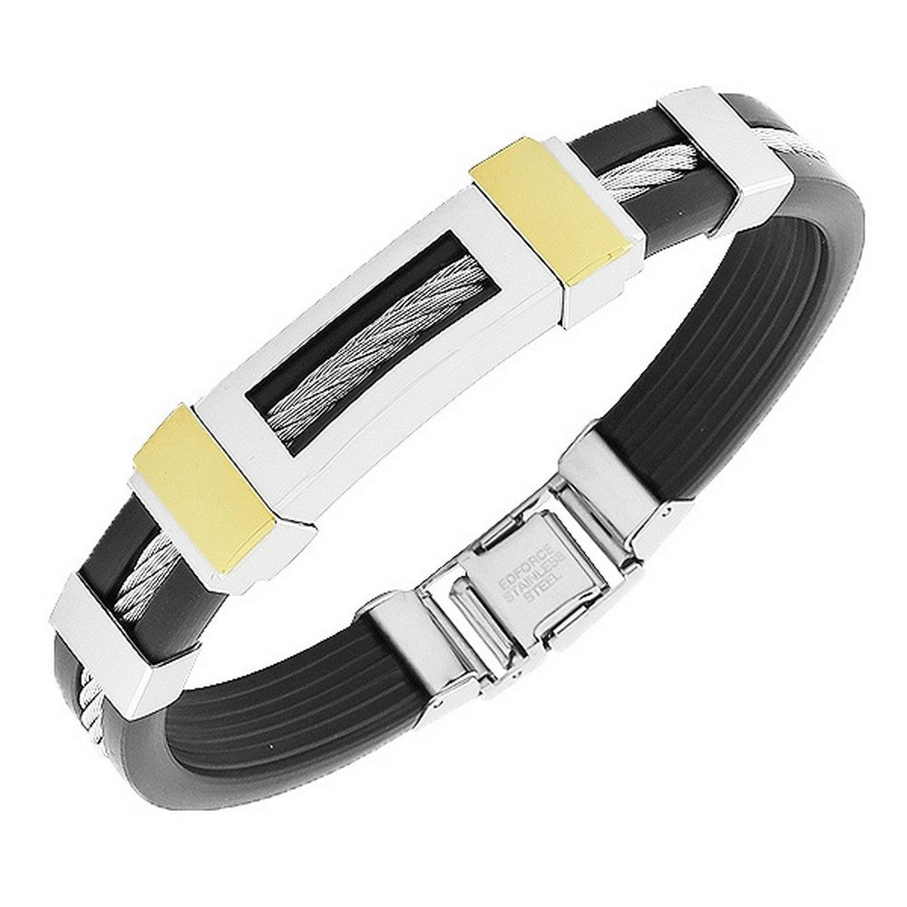 Stainless Steel Black Rubber Silicone Two-Tone Twisted Cable Bracelet