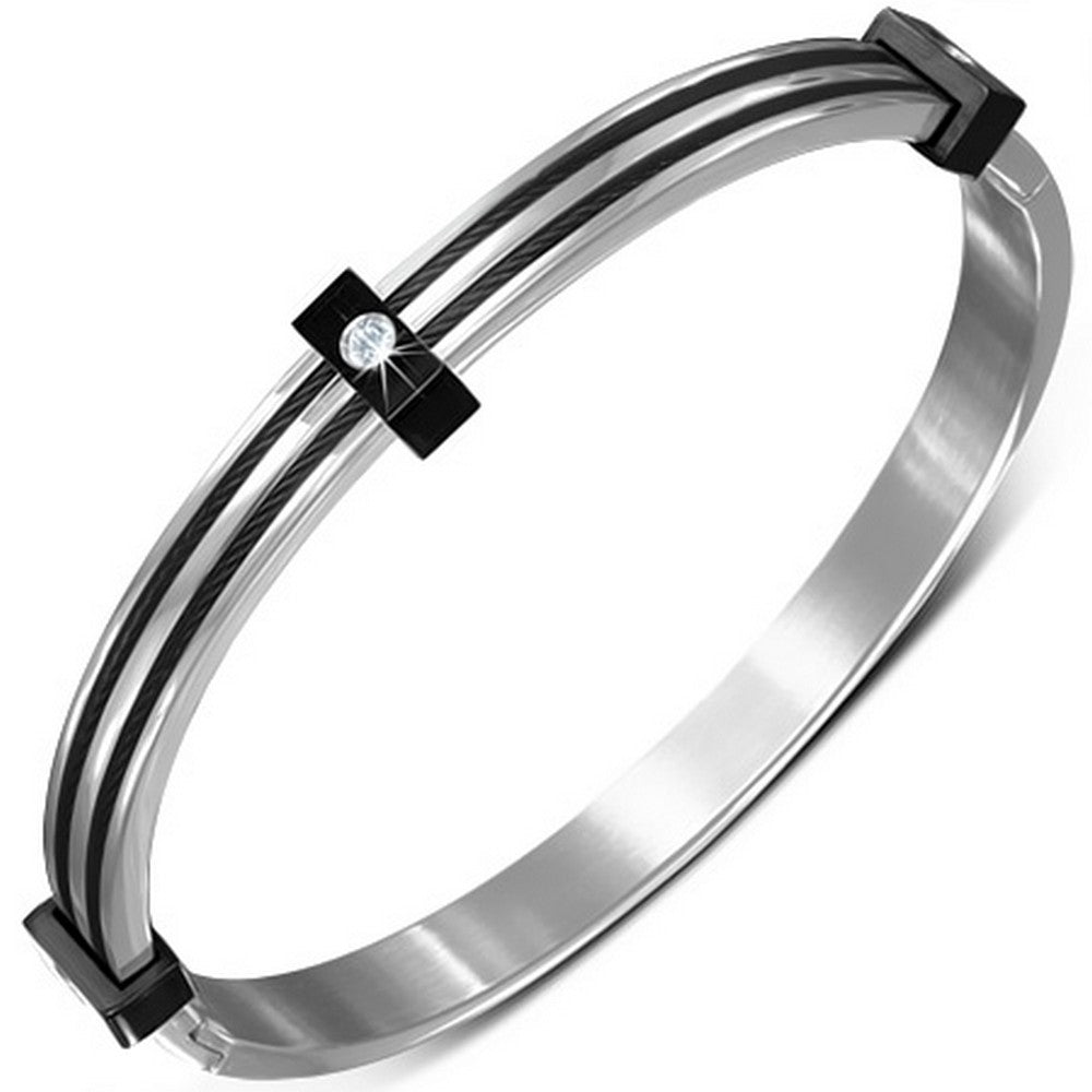 Stainless Steel Black Silver-Tone White CZ Twisted Cable Rope Womens Bangle Bracelet