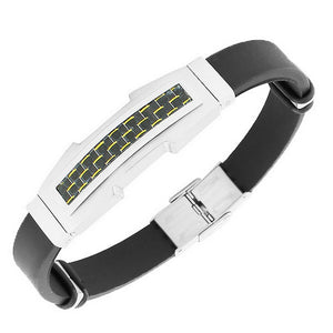 Stainless Steel Black Rubber Silicone Two Tone Braided Mens Bracelet