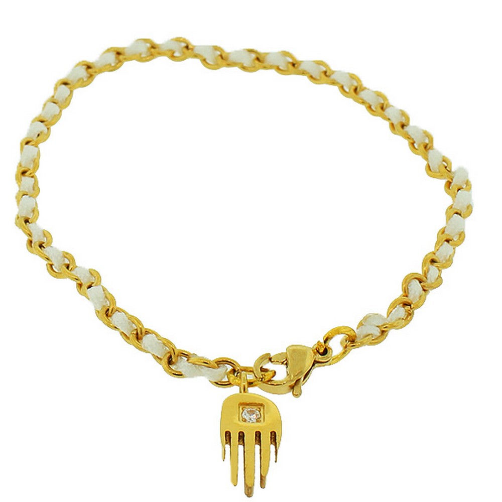 Stainless Steel White Cord CZ Yellow Gold-Tone Hamsa Bracelet