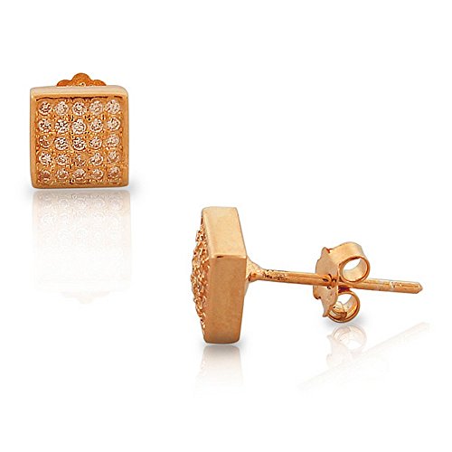 925 Sterling Silver Rose Gold-Tone White CZ Womens Square Stud Earrings