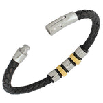 Stainless Steel Black Faux PU Leather Two-Tone Men's Bracelet