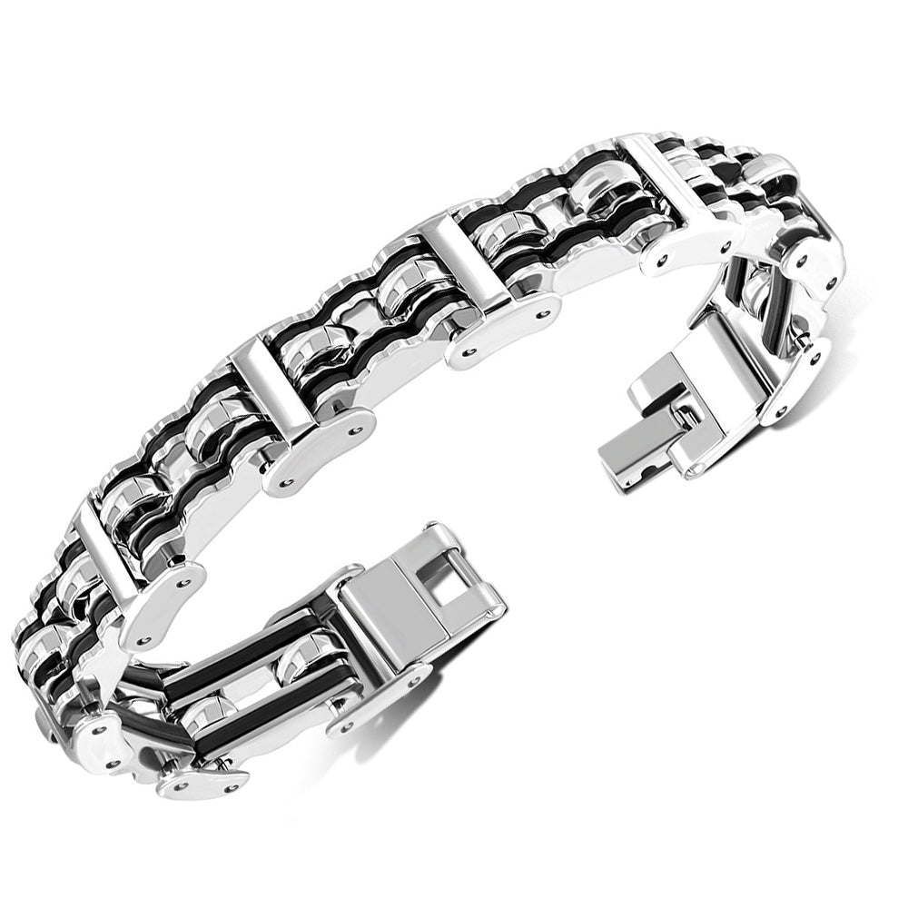 Stainless Steel Silver-Tone Black Link Men's Bracelet