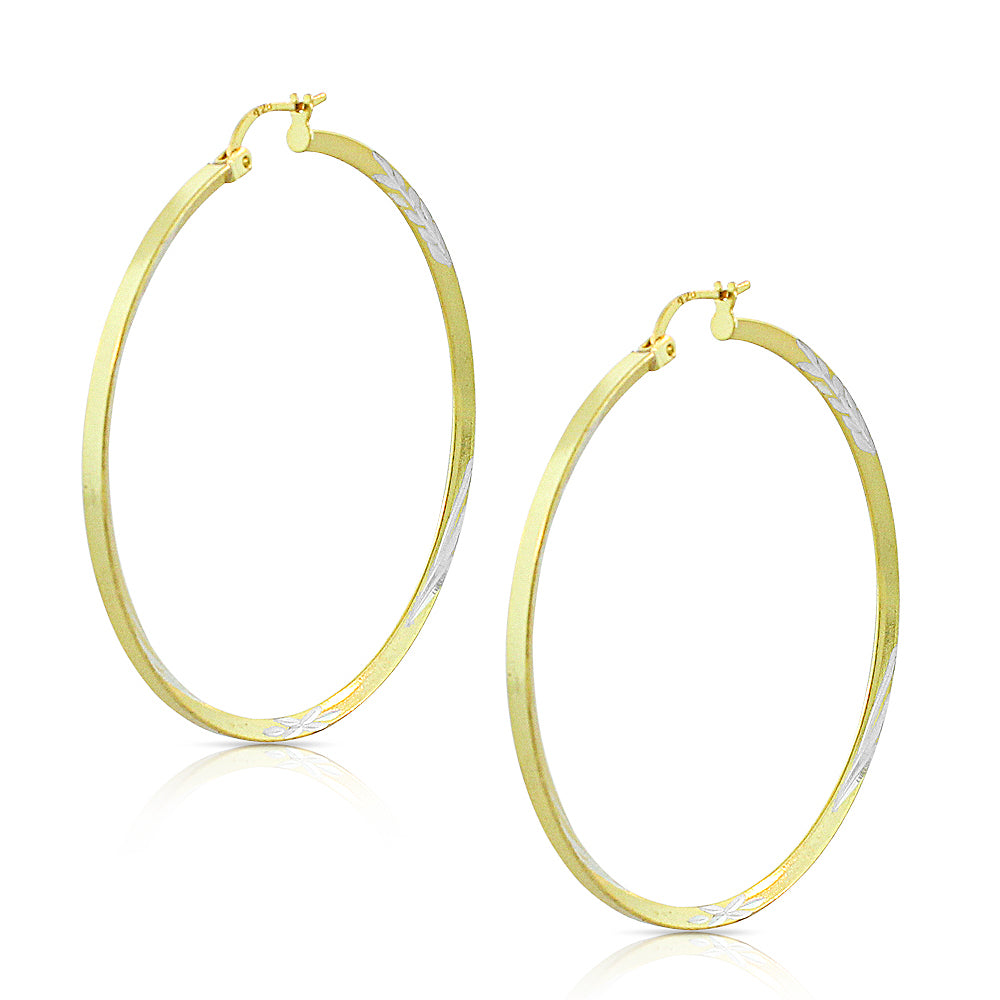 925 Sterling Silver Two-Tone Floral Design Round Hoop Earrings, 1.40"