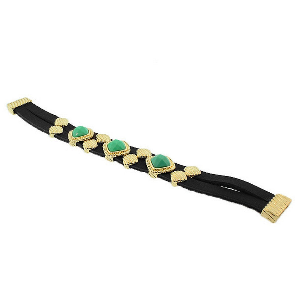 Fashion Alloy Black Faux PU Leather Yellow Gold-Tone Green Wristband Bracelet