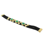 Fashion Alloy Black Faux PU Leather Yellow Gold-Tone Green Wristband Bracelet