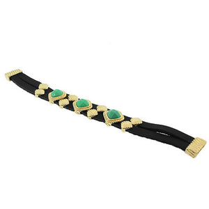 Fashion Alloy Black Faux PU Leather Yellow Gold-Tone Green Wristband Bracelet