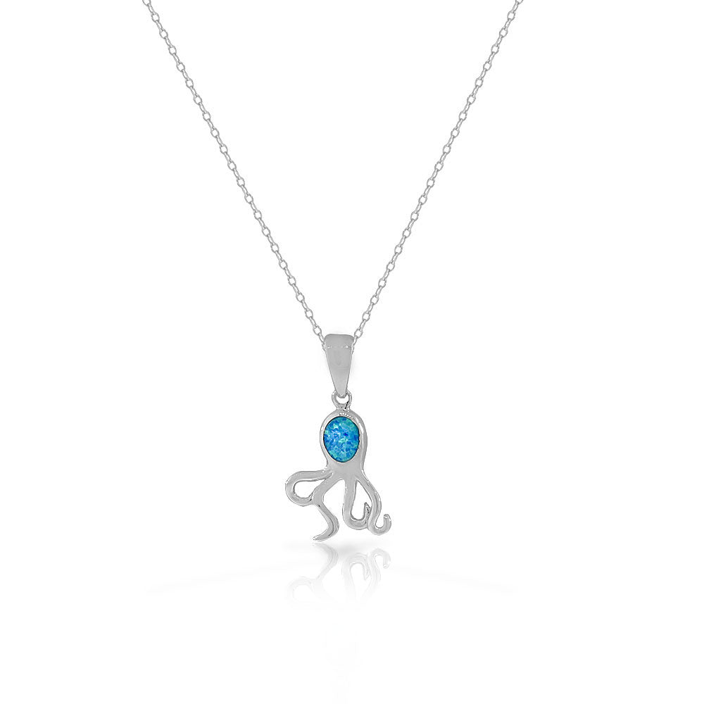 925 Sterling Silver Blue Turquoise-Tone Simulated Opal Octopus Pendant Necklace