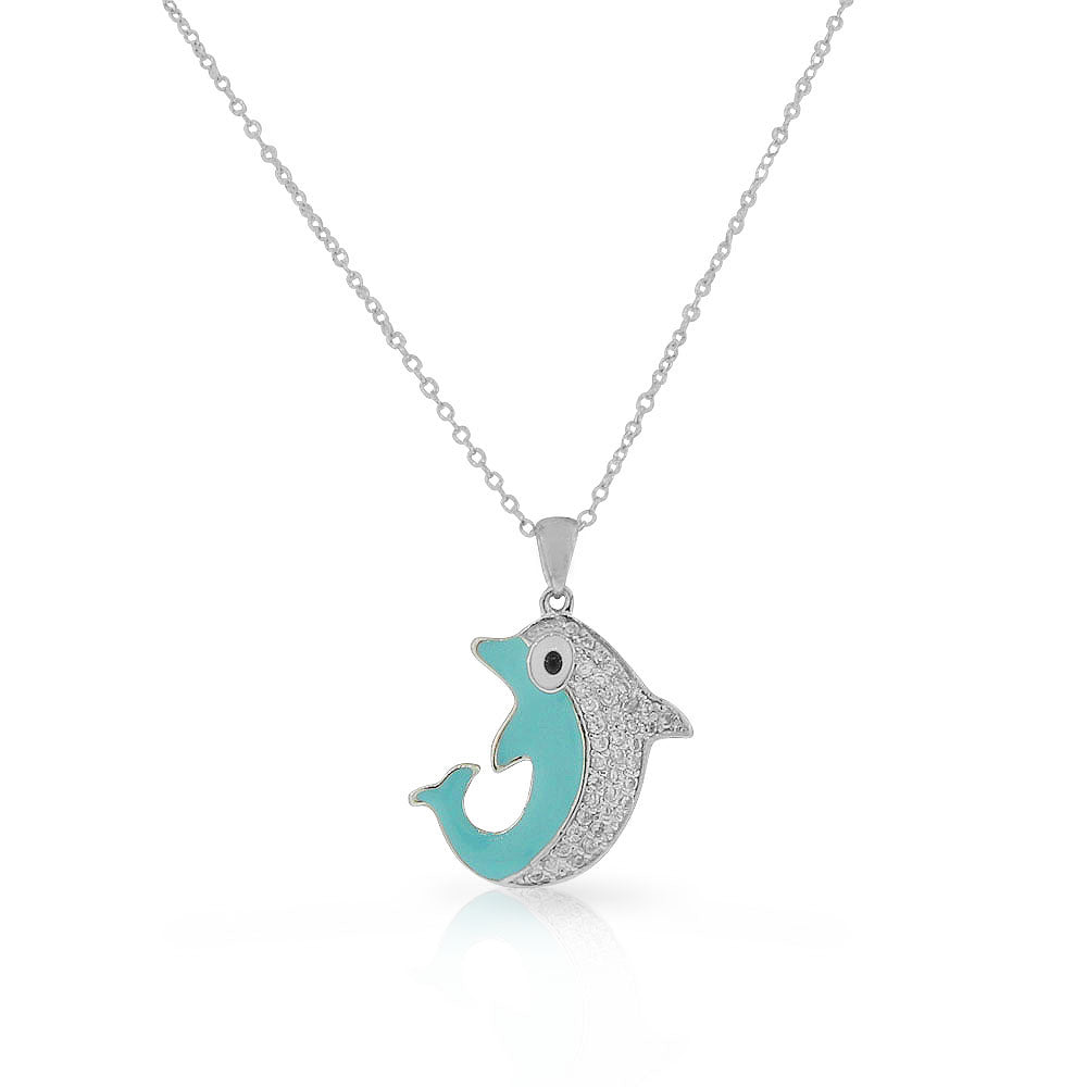 925 Sterling Silver Blue Enamel White Clear CZ Dolphin Pendant Necklace