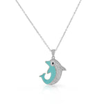 925 Sterling Silver Blue Enamel White Clear CZ Dolphin Pendant Necklace