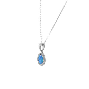 925 Sterling Silver Blue Turquoise-Tone Simulated Opal White CZ Oval Pendant Necklace