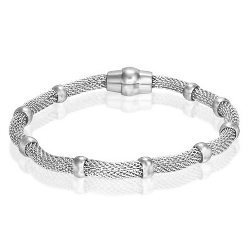 Stainless Steel Silver-Tone Magnetic Link Chain Mesh Womens Bracelet with Clasp