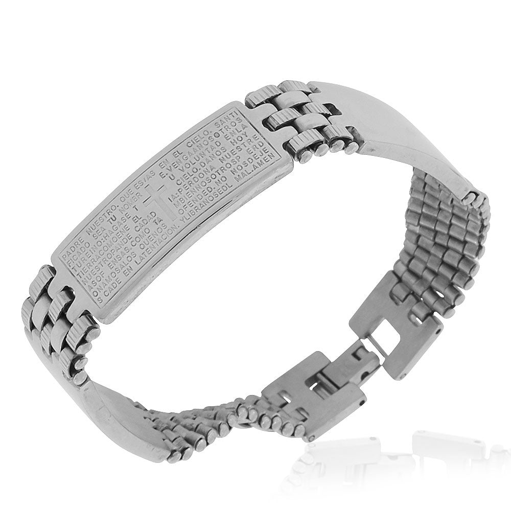 Stainless Steel Silver-Tone Padre Nuestro Prayer in Spanish Mens Bracelet