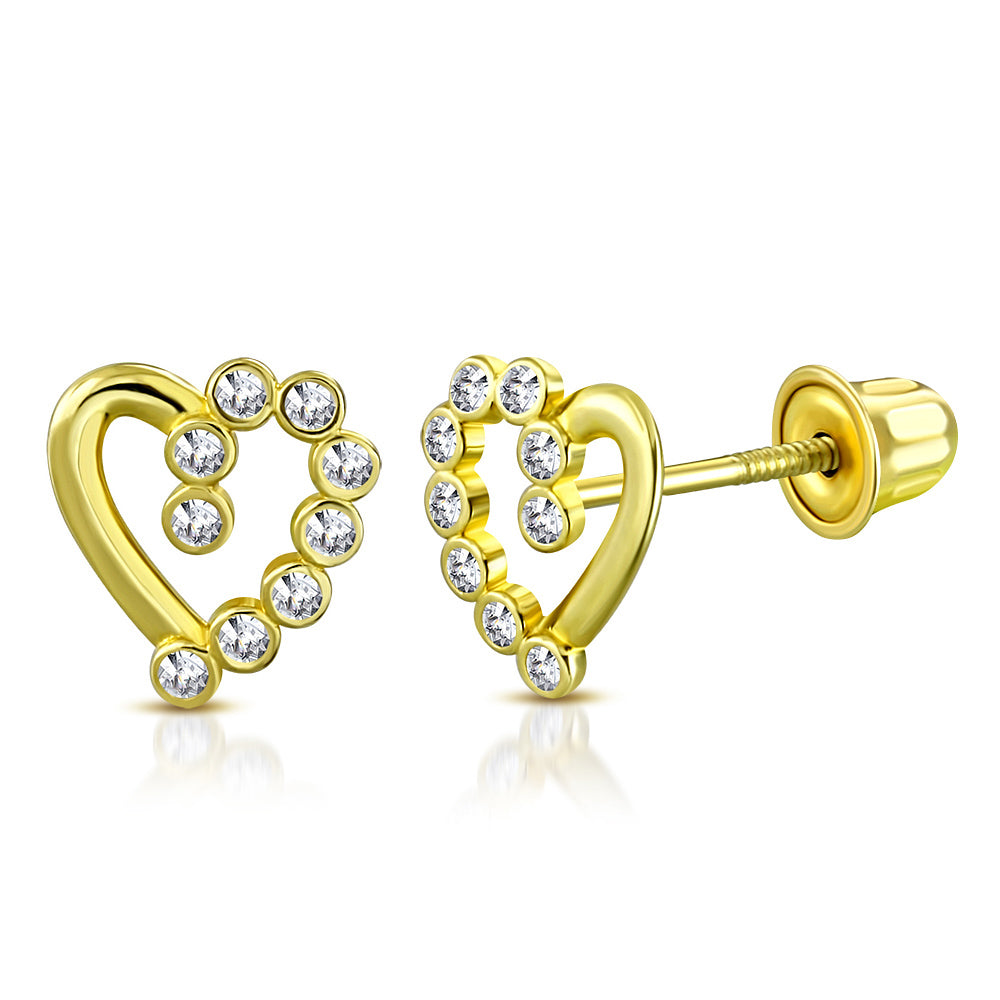 14K Yellow Gold Love Heart CZ Small Girls Stud Earrings