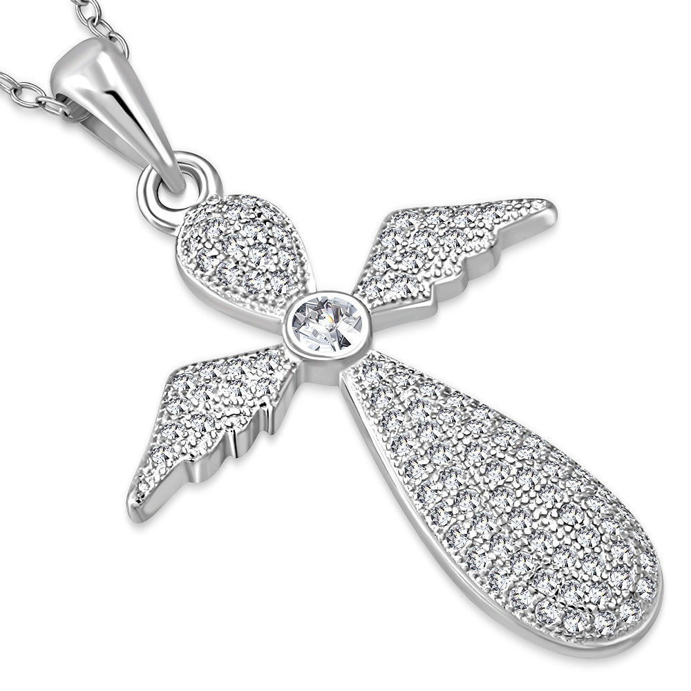 Angel Wings Cross Pendant Necklace in Sterling Silver