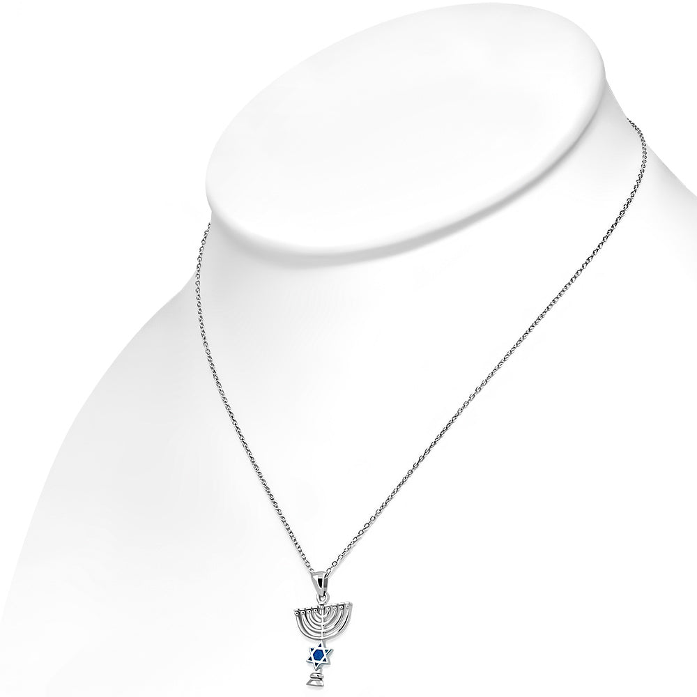 925 Sterling Silver Blue Simulated Opal Jewish Star of David Menorah Pendant Necklace