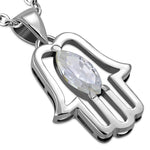 Pear Stone Hamsa Necklace Pendant Sterling Silver Cubic Zirconia