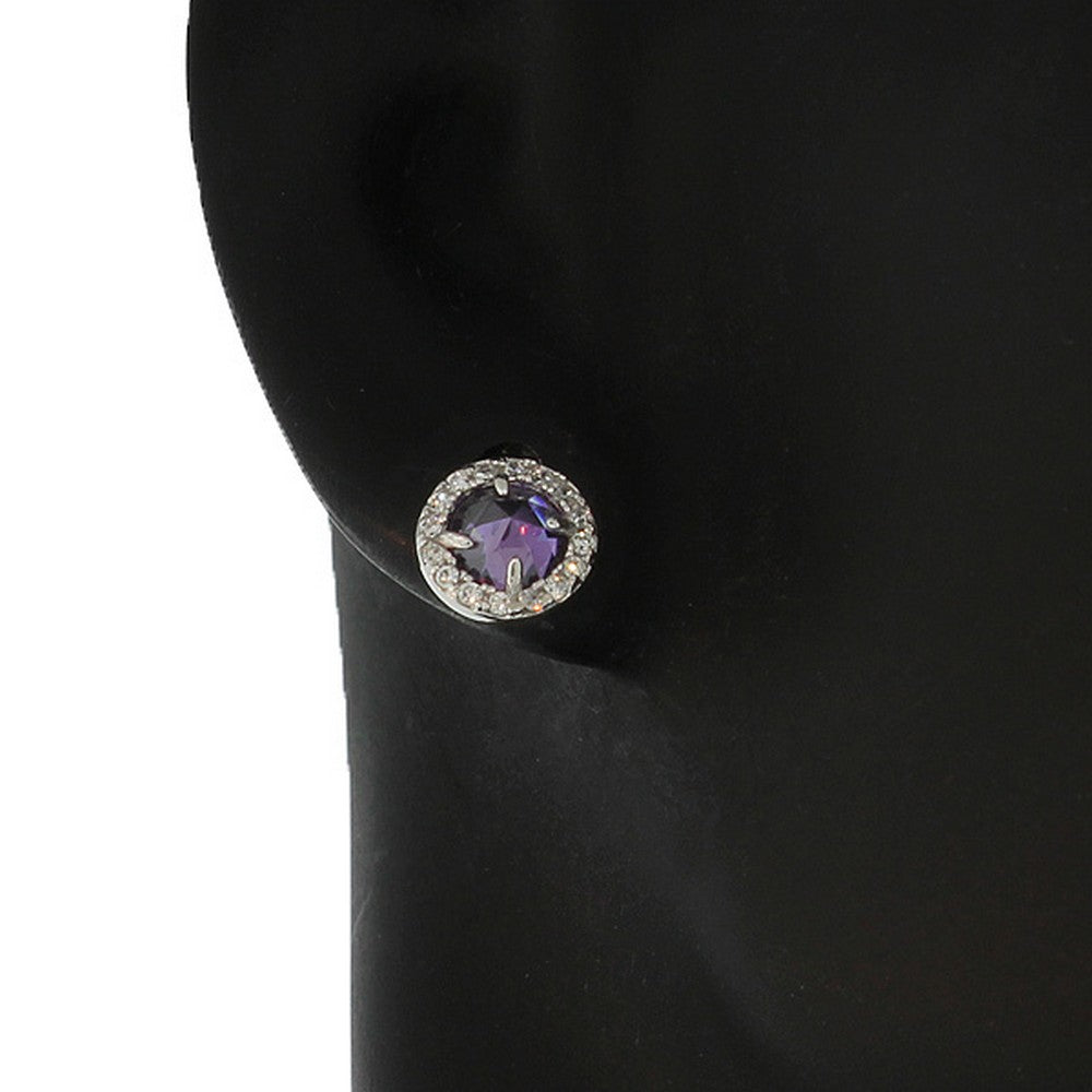 Sterling Silver Purple Violet White Round CZ Stud Earrings
