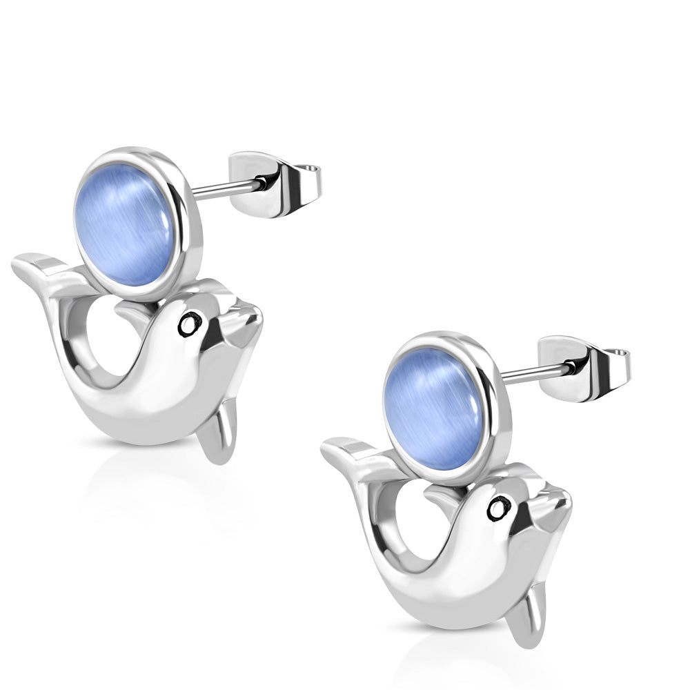 Stainless Steel Silver-Tone Blue Simulated Gemstone Dolphin Stud Earrings