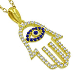 925 Sterling Silver White Blue CZ Hamsa Hand Good Luck Pendant Necklace