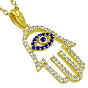 925 Sterling Silver White Blue CZ Hamsa Hand Good Luck Pendant Necklace